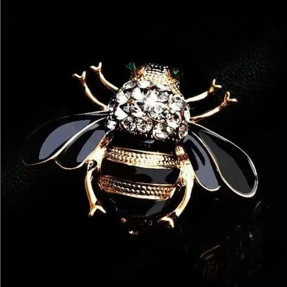 Chic Gold and Black Bee Brooch with Crystal Accents - Picture 3 of 3